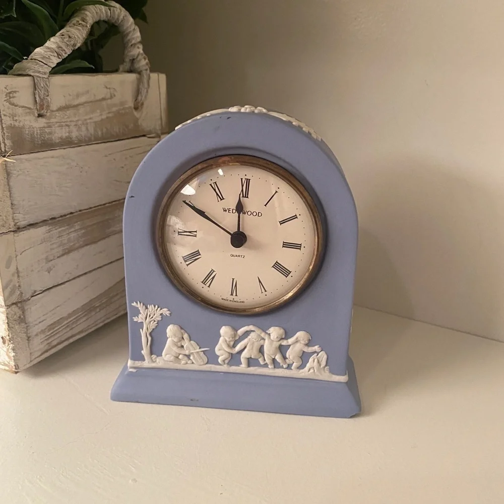 Wedgwood Portland Blue Jasperware Dome Mantel Clock with Cherubs Roman Numerals